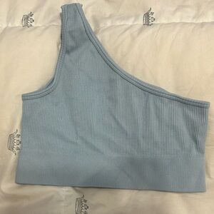 Blue Ribbed One-Shoulder sports bra